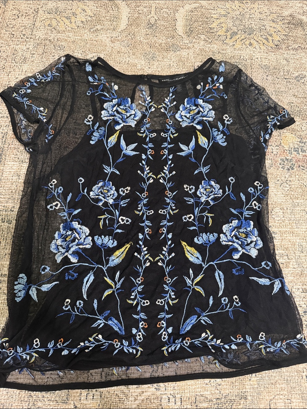 Embroidered Black Mesh Floral Short-Sleeve Top